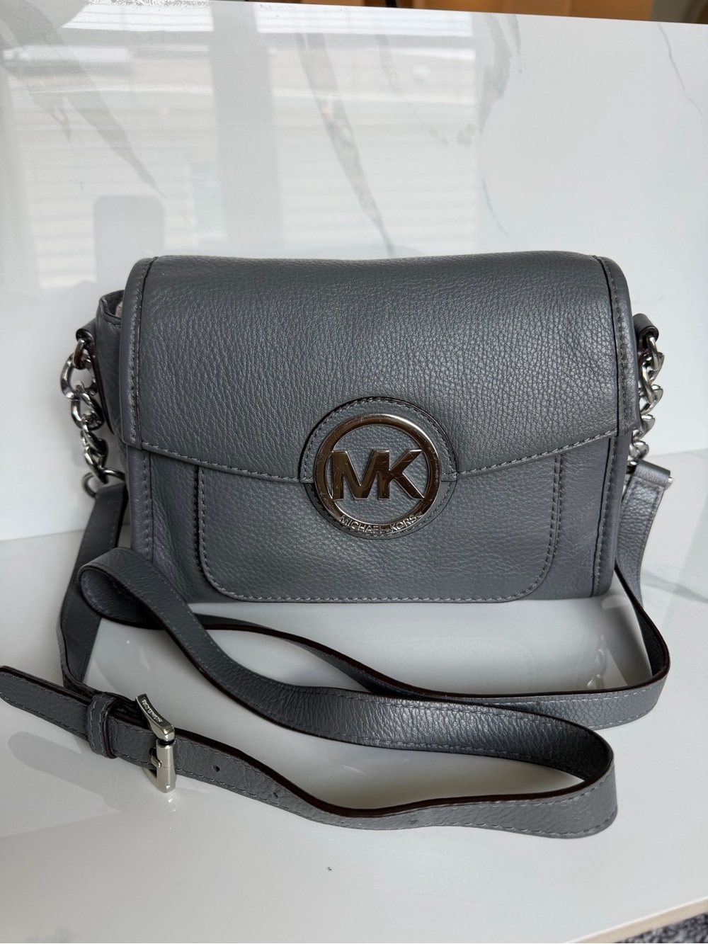 Michael Kors Gray Pebbled Leather MK Circle Logo Crossbody